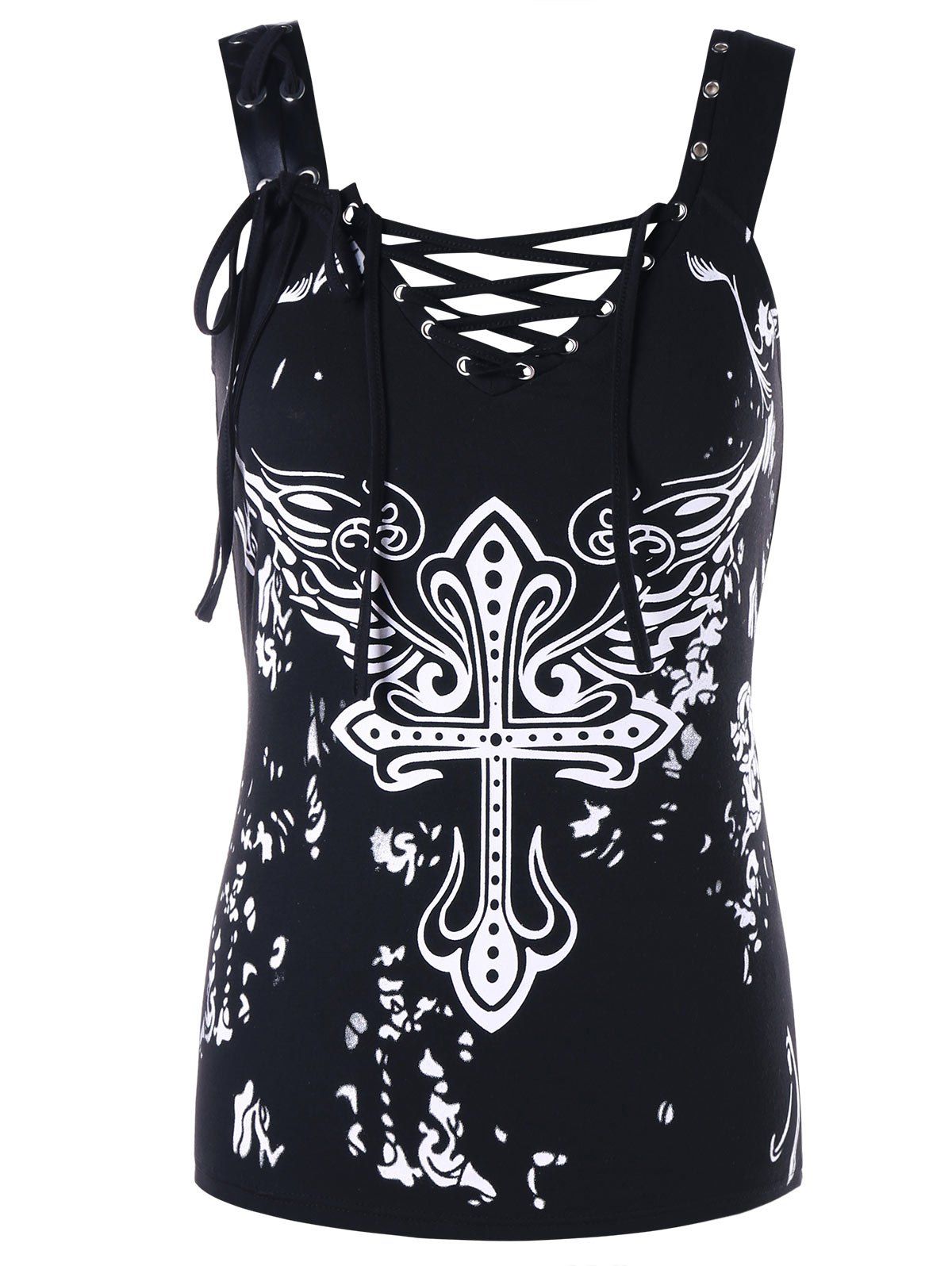 

Ethnic Pattern Lace Up Tank Top, White and black