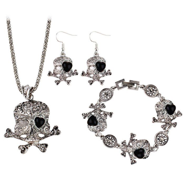 

Heart Skull Crossbones Necklace Bracelet with Earrings, Black