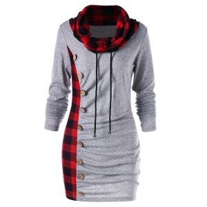 

Plaid Trim Cowl Neck Tunic Sweatshirt Dress, Heather gray