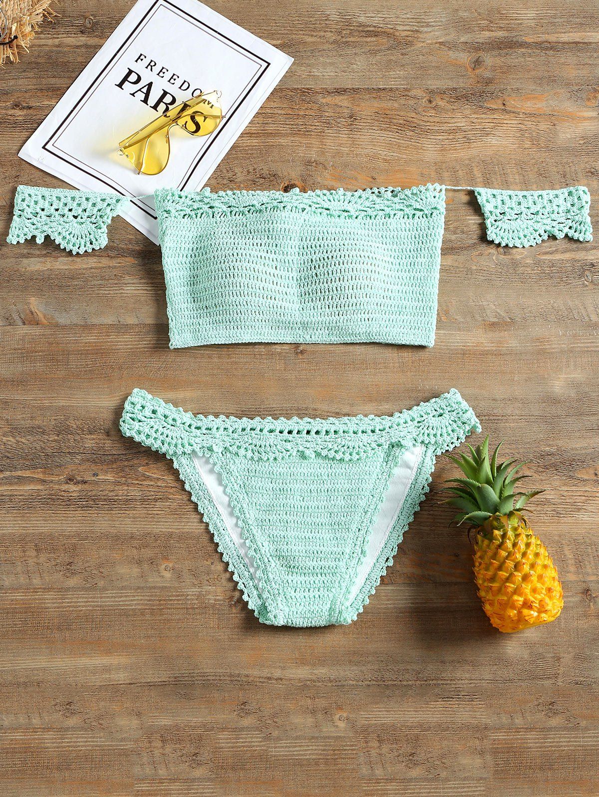 

Crochet Knit Lace-up Bandeau Bikini, Light green
