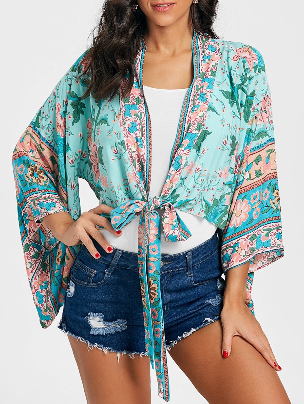 

Flower Print Self Tie Kimono, Green