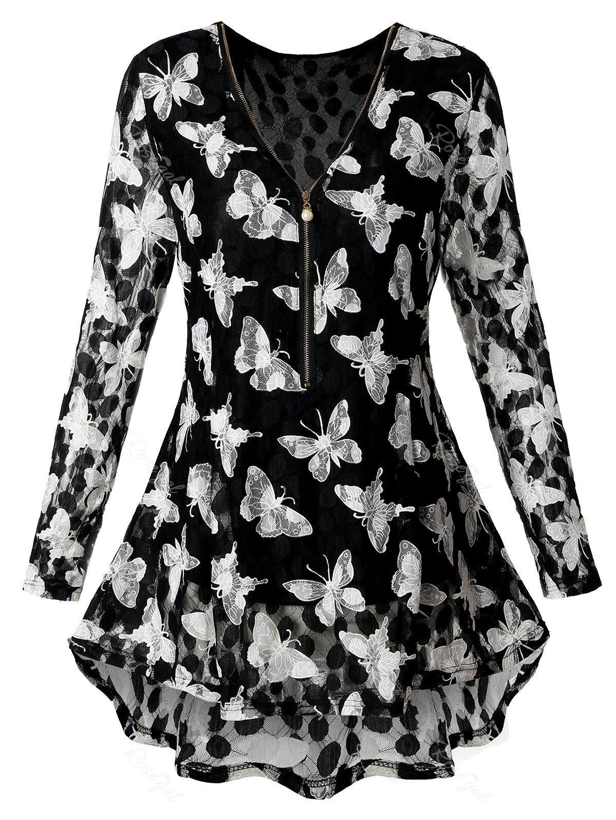 

Plus Size Lace Butterfly Print Tunic Blouse, Black