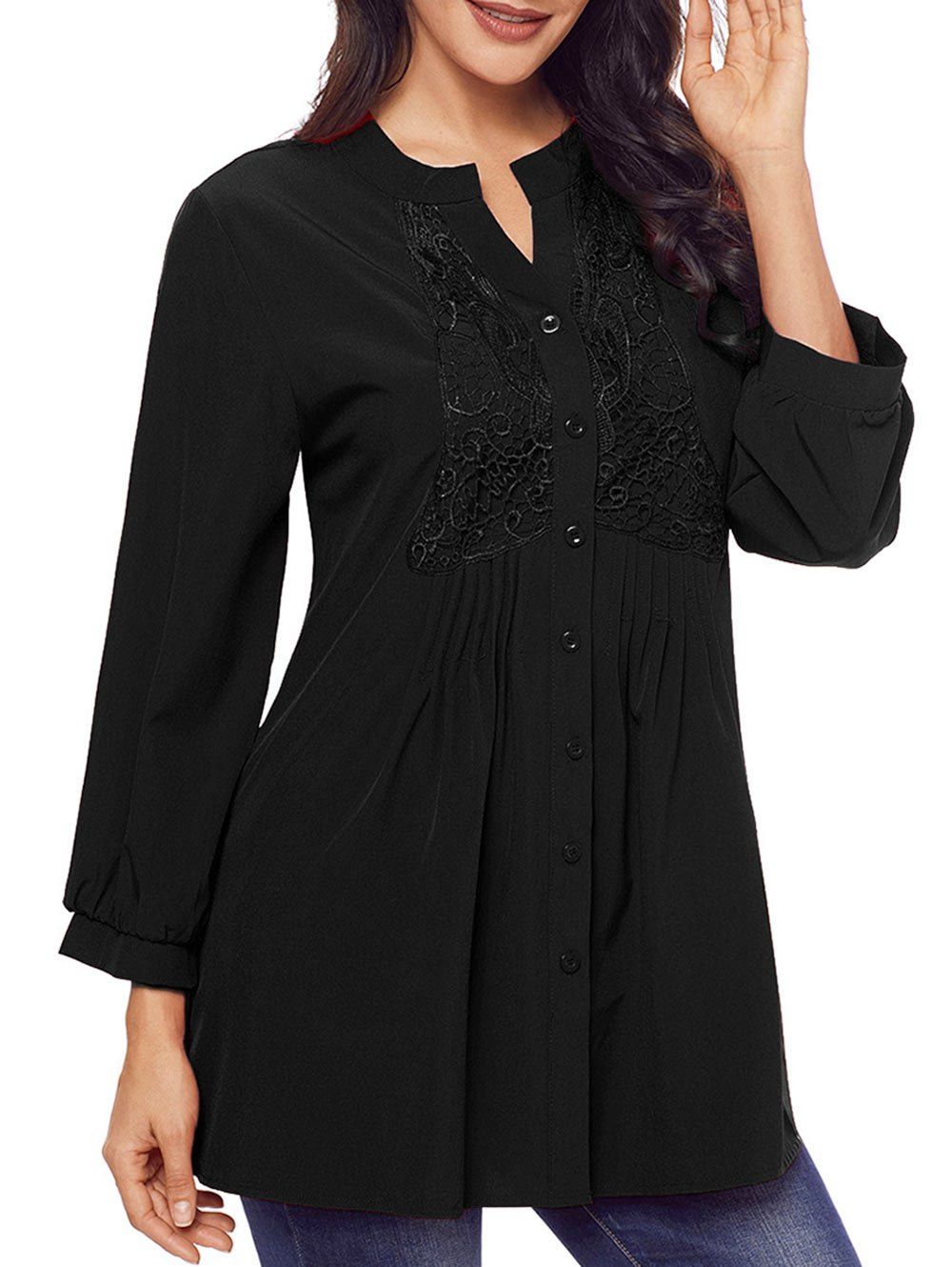 

Split Neck Lace Panel Pintuck Tunic Blouse, Black