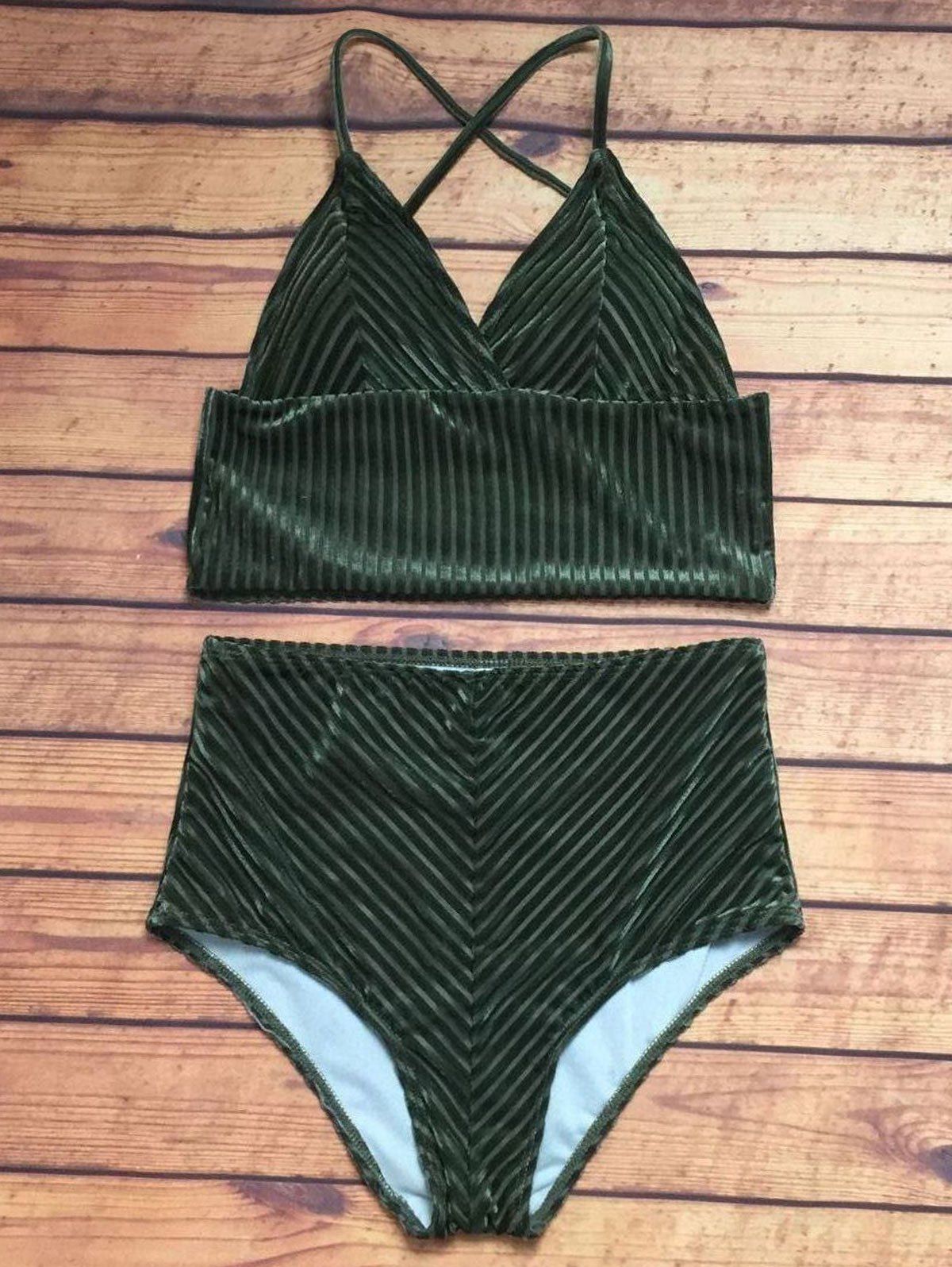 

Back Criss Cross High Waisted Velvet Bikini Set, Green