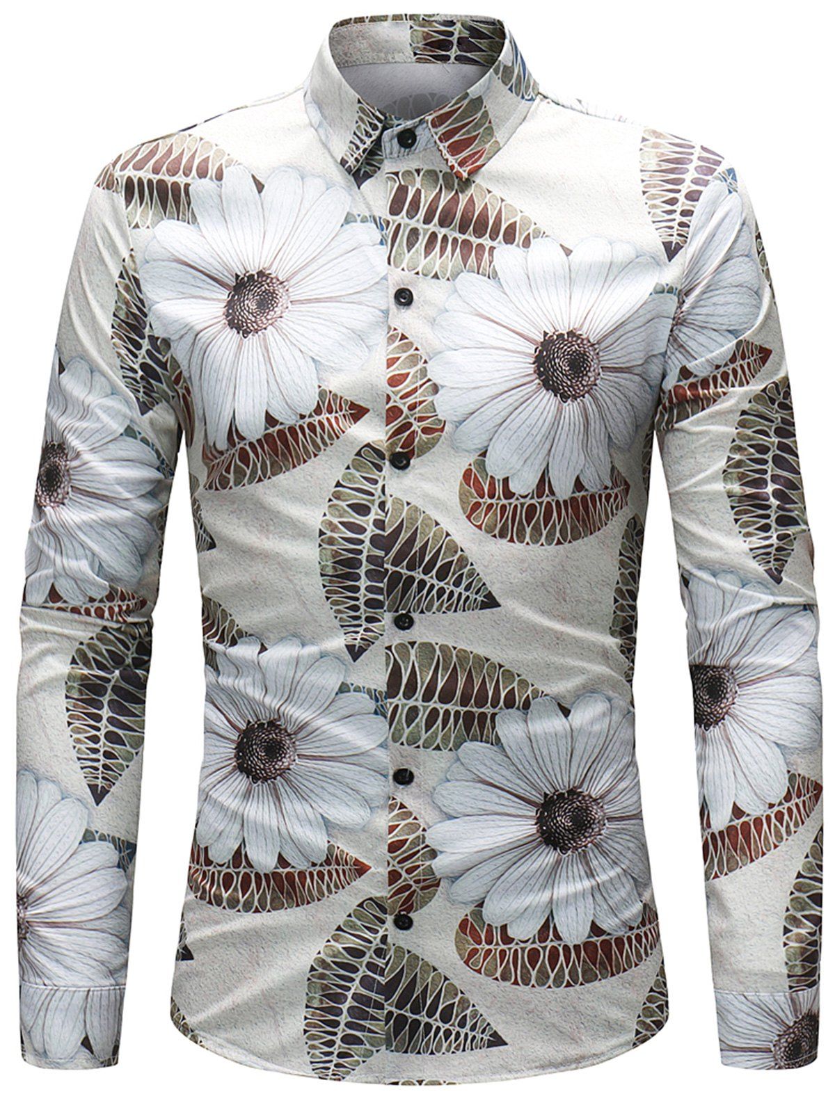 

Turndown Collar Flowers Leaves Print Shirt, Colormix