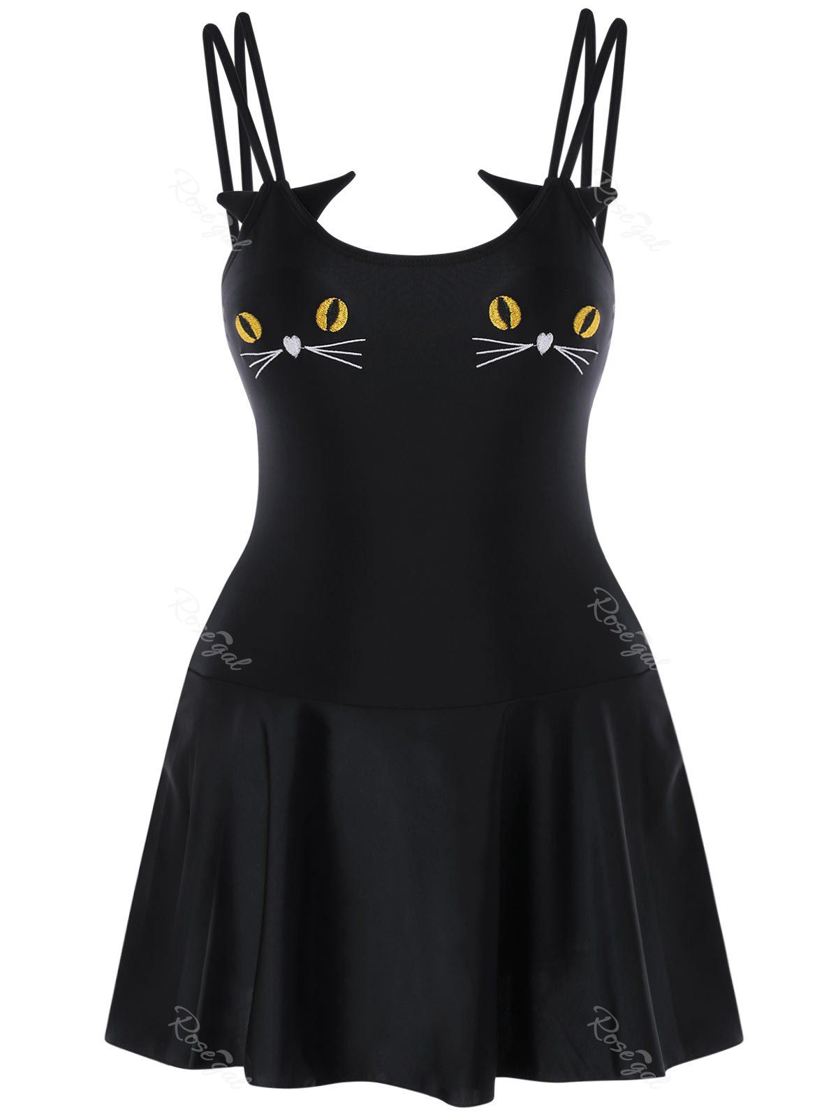 

Plus Size Open Back Kitten Embroidery Swimsuit, Black