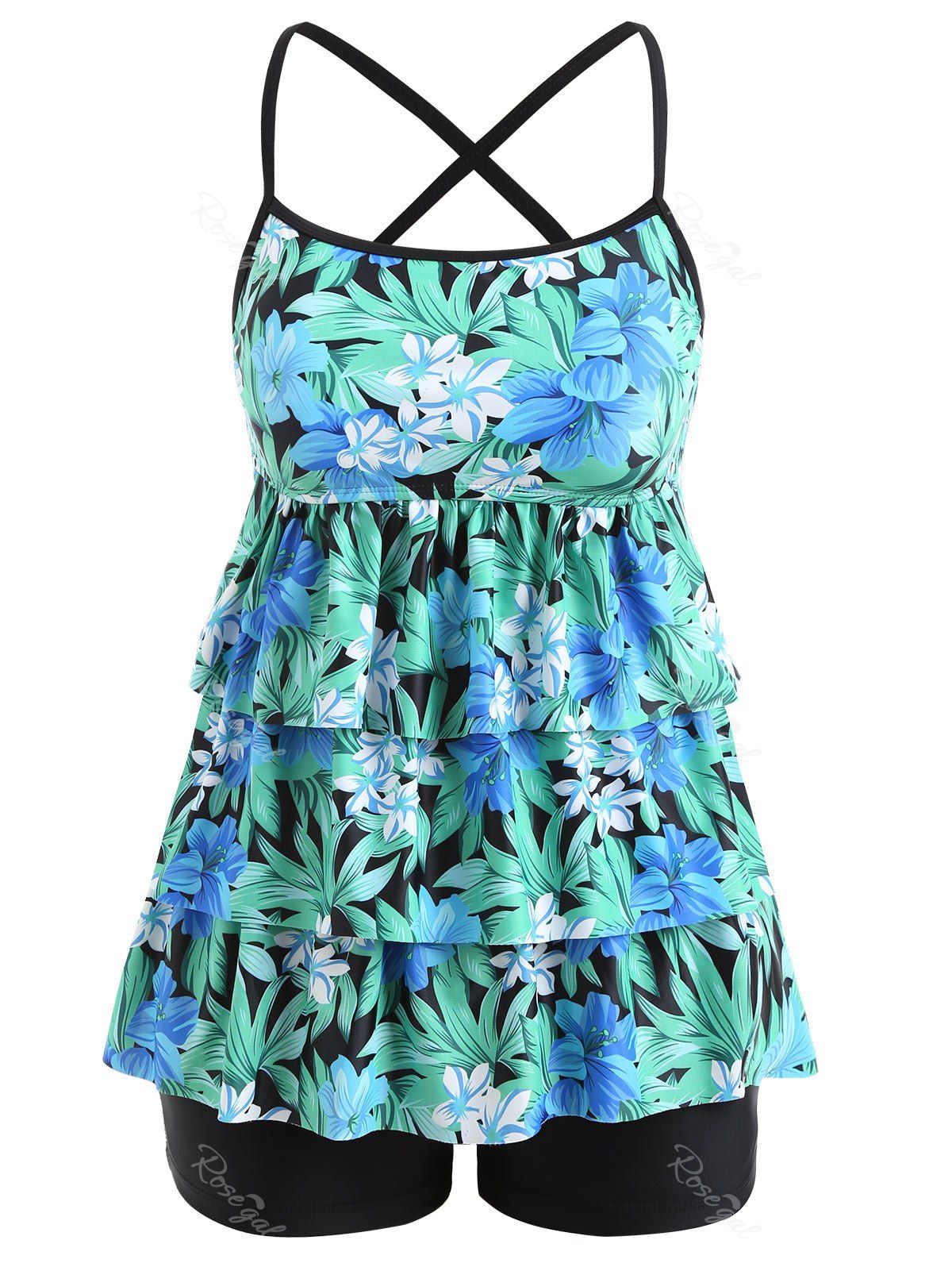 

Plus Size Floral Print Tiered Tankini Set, Green