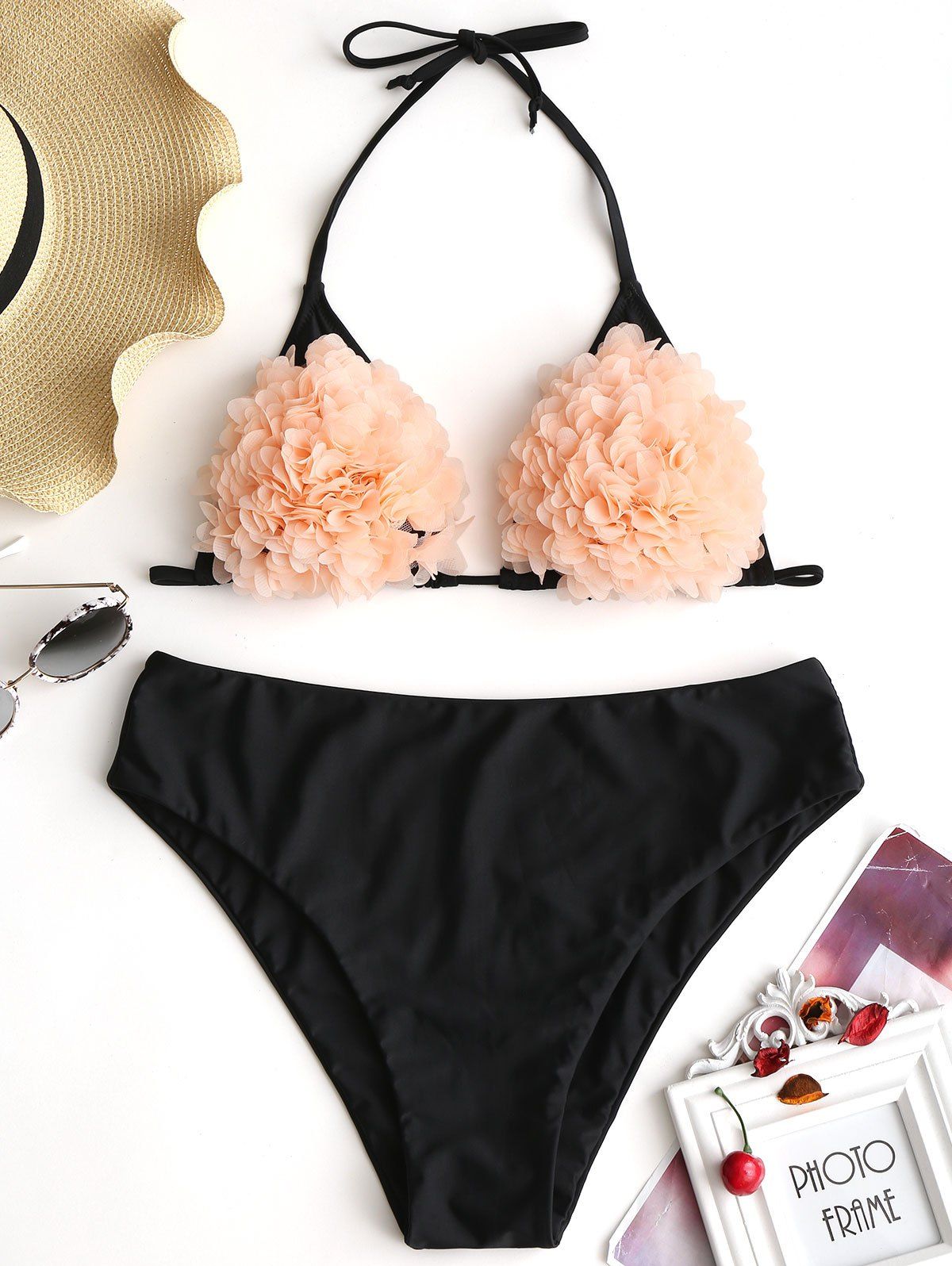 

Halter Stereo Flower Plus Size Bikini Set, Black