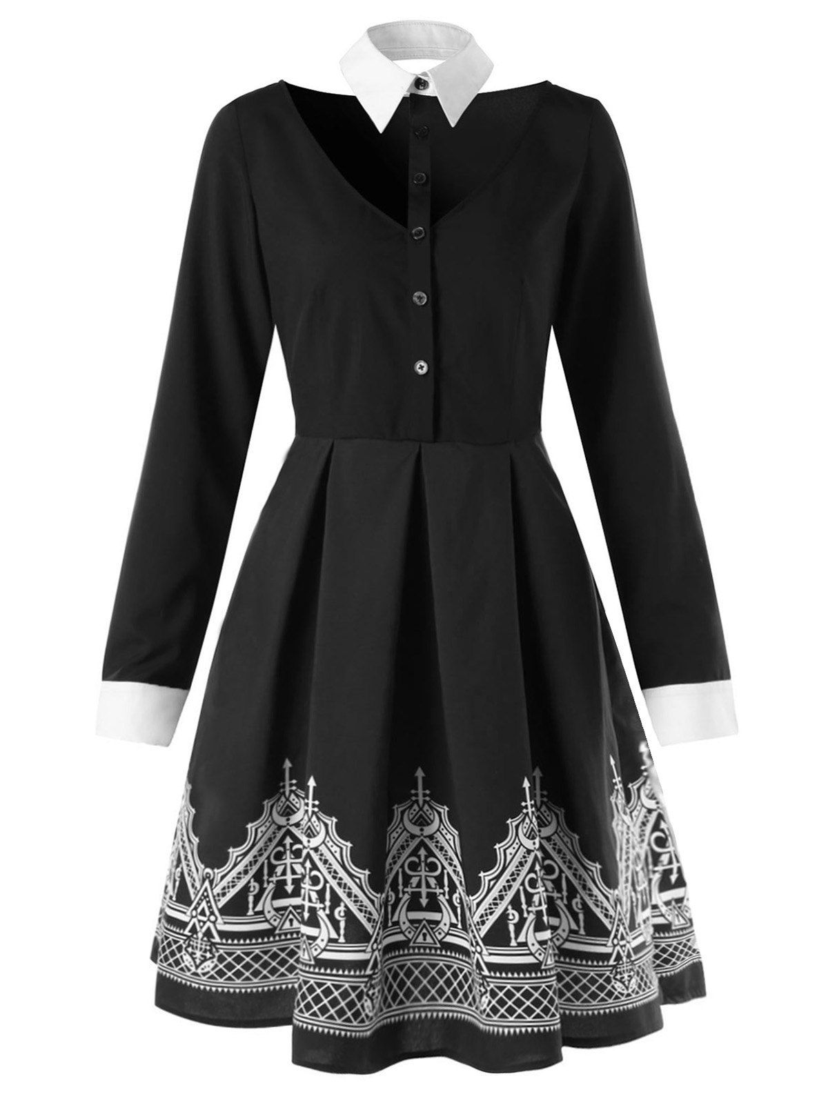 

Building Print Long Sleeve Flare Shirt Dress, Black