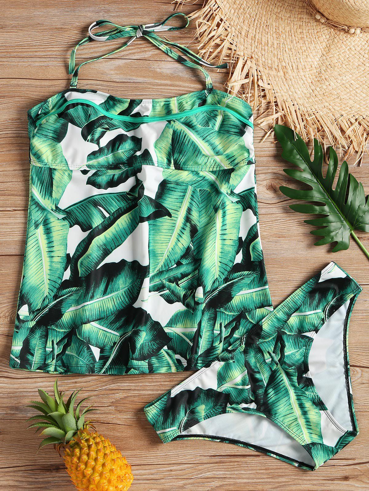 

Halter Plus Size Leaf Tankini Top with Briefs, Green