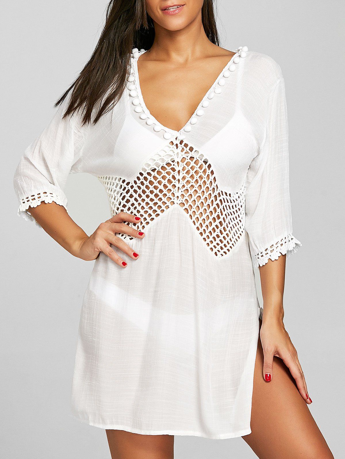 

Plunge Sheer Slit Cover Up Dress, White