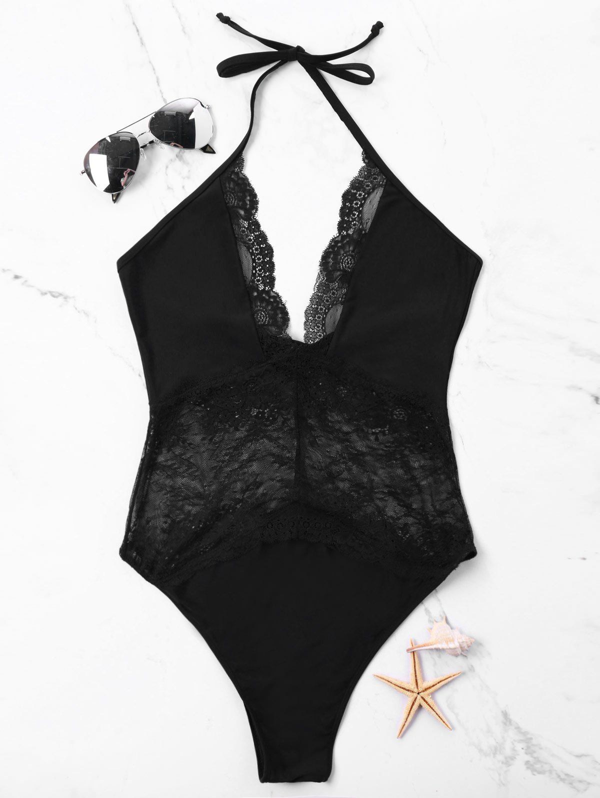 

Lace Panel One Piece High Cut Swimwear, Black