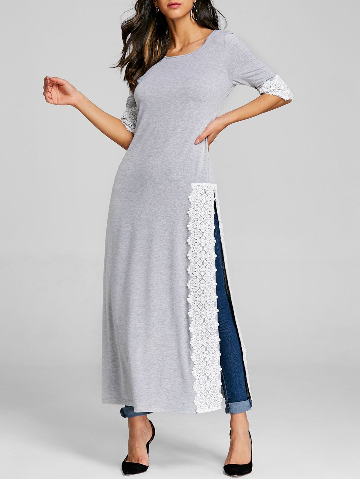 

Lace Panel High Split Maxi Tee, Gray