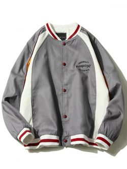 Raglan Sleeve Embroidered Baseball Jacket - GRAY - 3XL