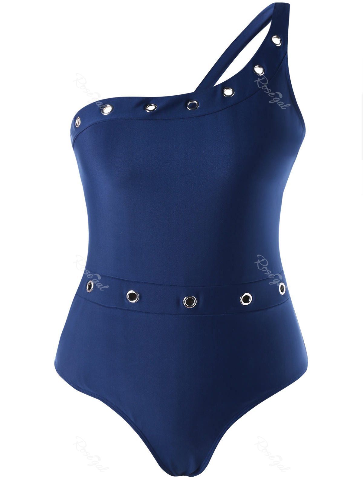 

Plus Size Eyelets Embellished One Piece Swimwear, Deep blue