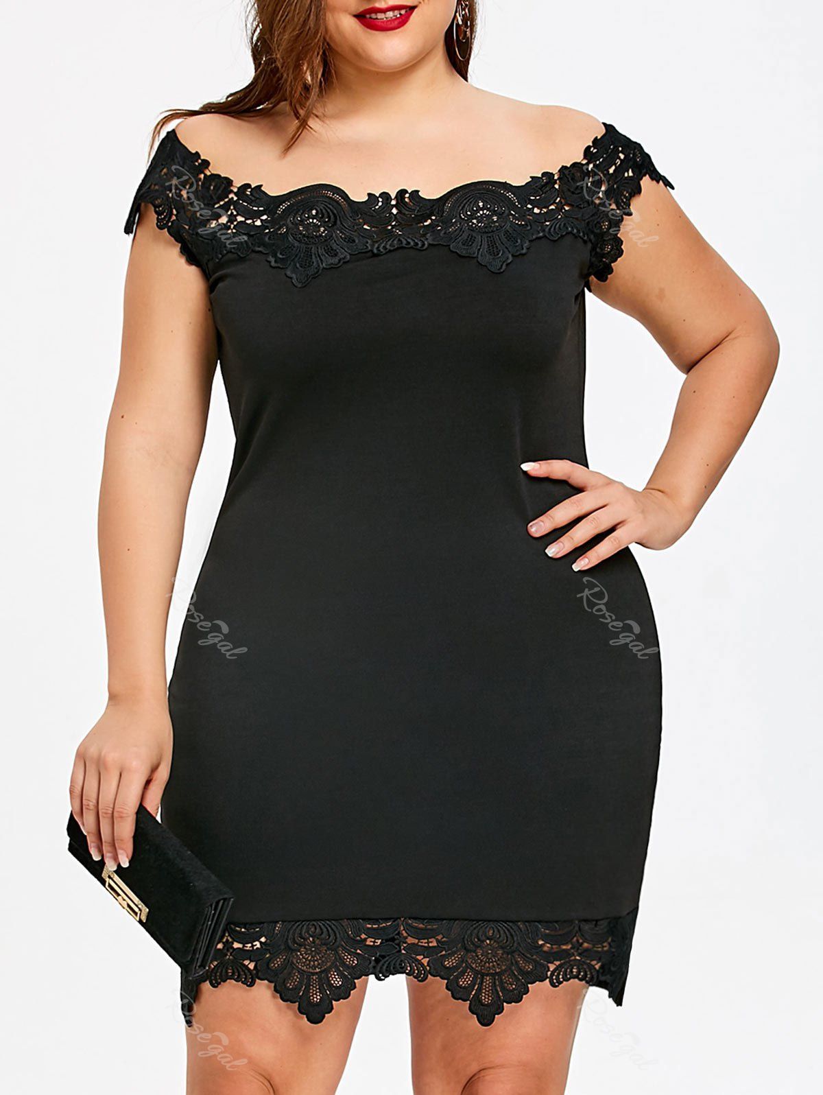 

Lace Trim Off Shoulder Plus Size Bodycon Dress, Black