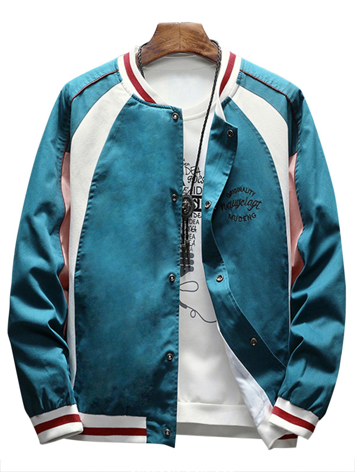 

Raglan Sleeve Embroidered Baseball Jacket, Blue