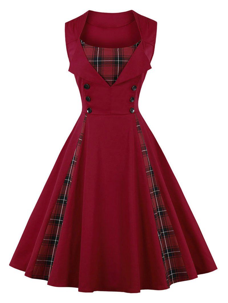 2019 plus size sleeveless plaid insert vintage dress