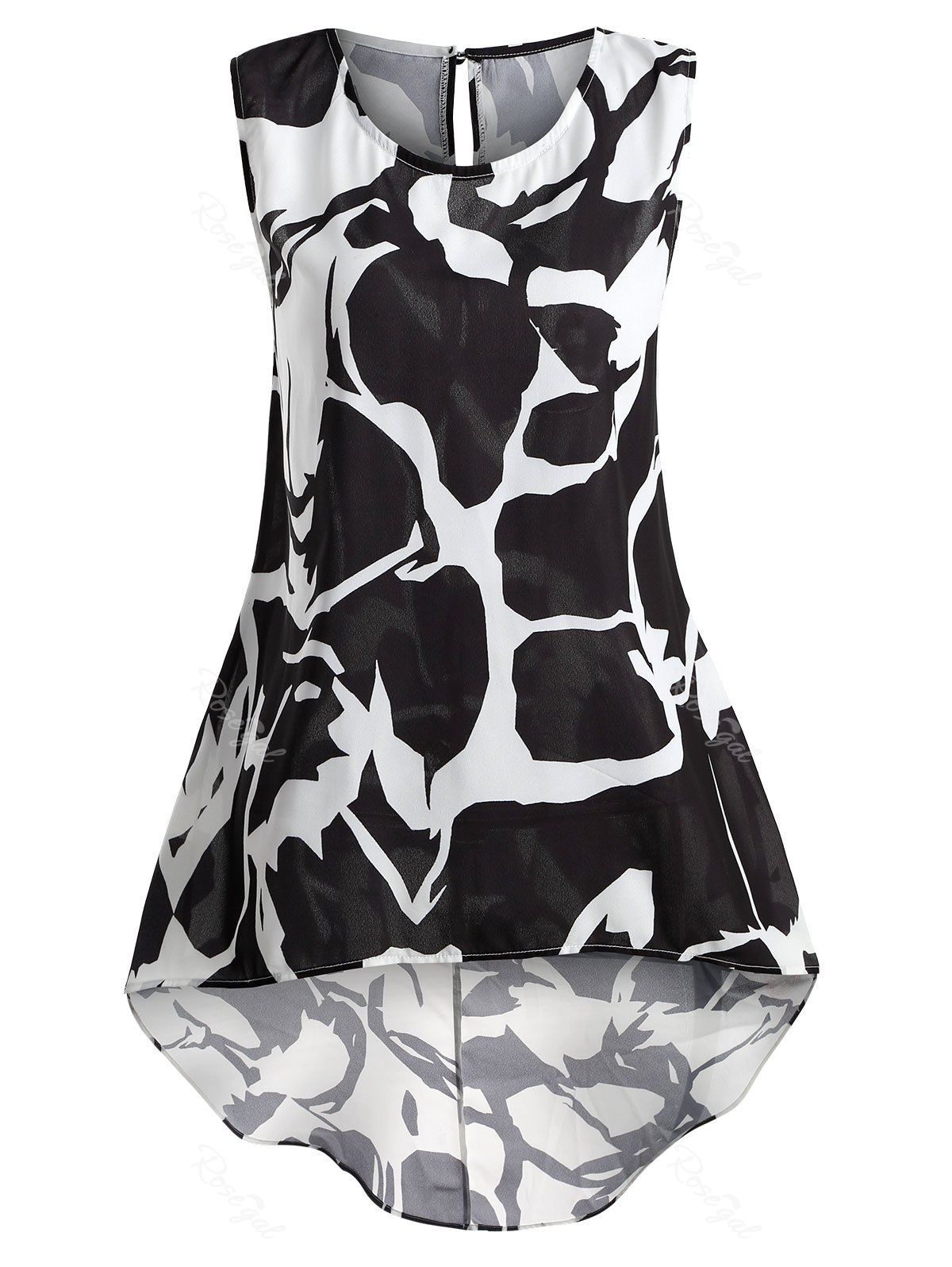 

Plus Size Sleeveless Print High Low Blouse, Black white