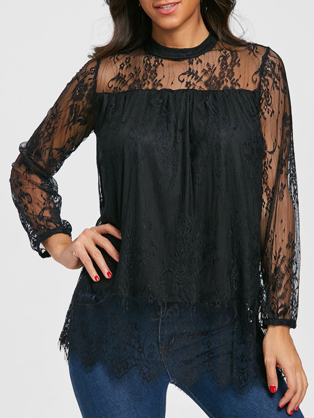 

Mock Neck Sheer Lace Blouse, Black