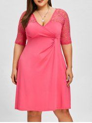 Translucent Lace Insert Plus Size Surplice Dress -