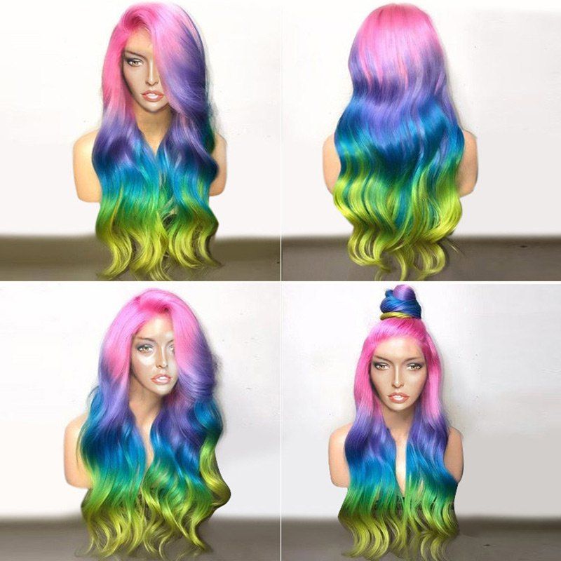 

Deep Side Parting Long Colorful Wavy Ombre Party Synthetic Wig