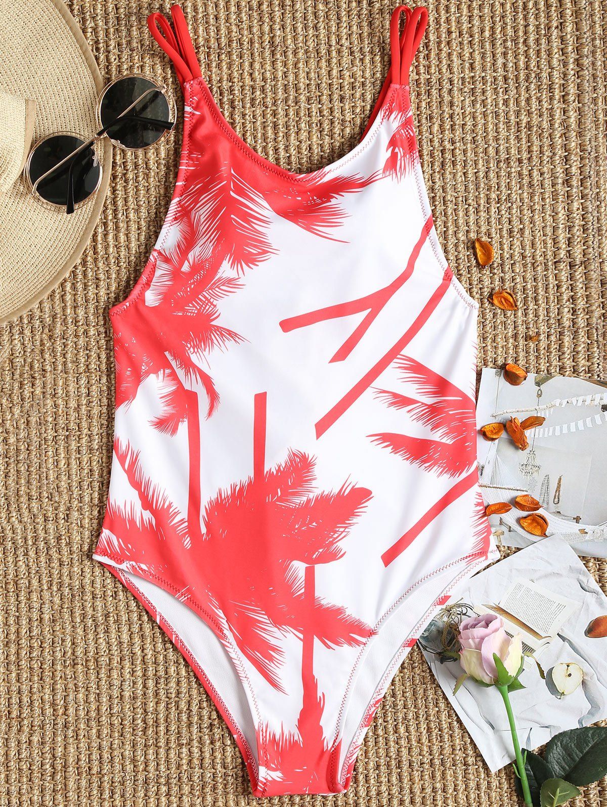 

Palm Trees One Piece Lace-up Swimsuit, Red