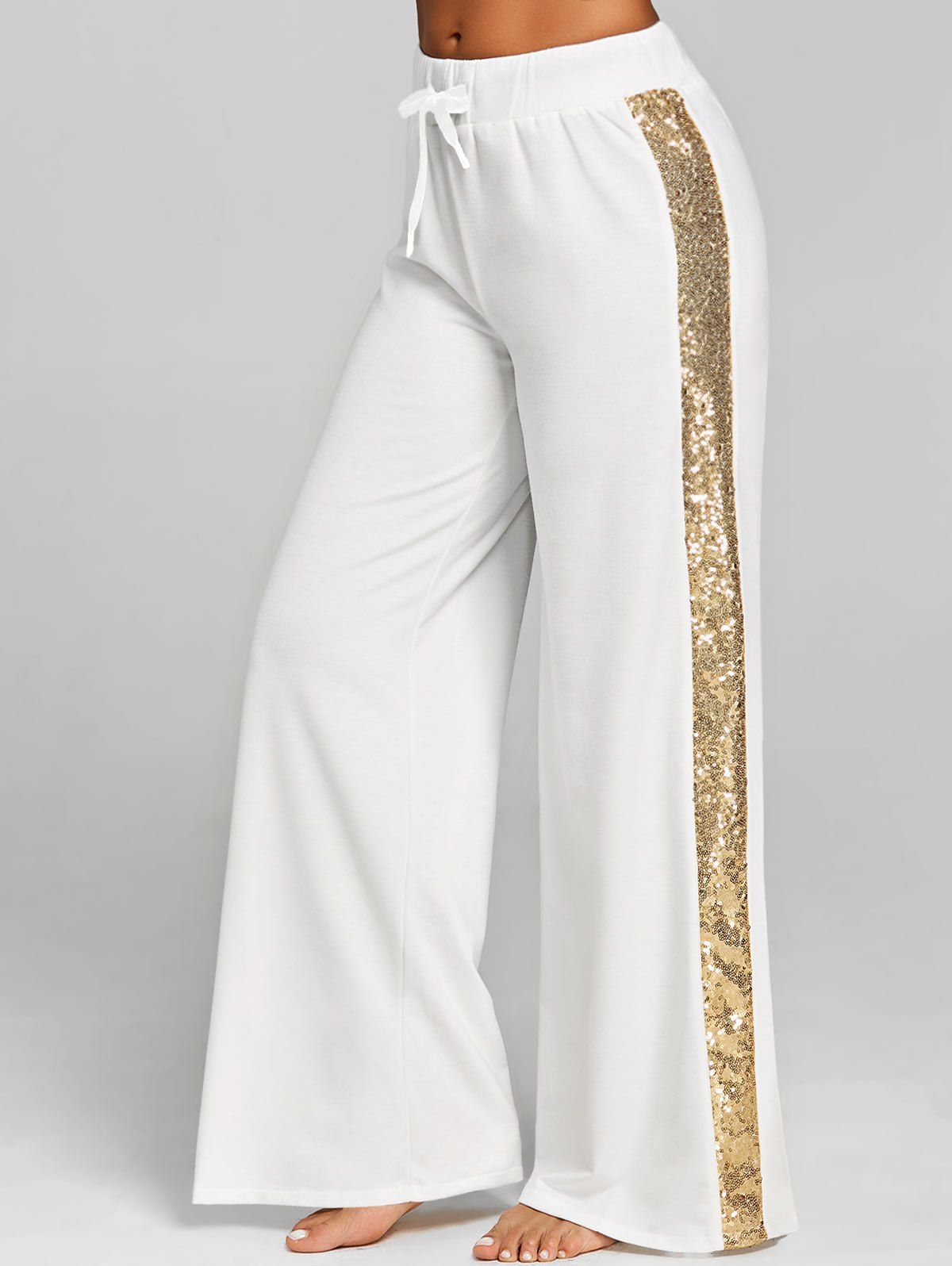 

Sequined Drawstring Wide Leg Pants, White