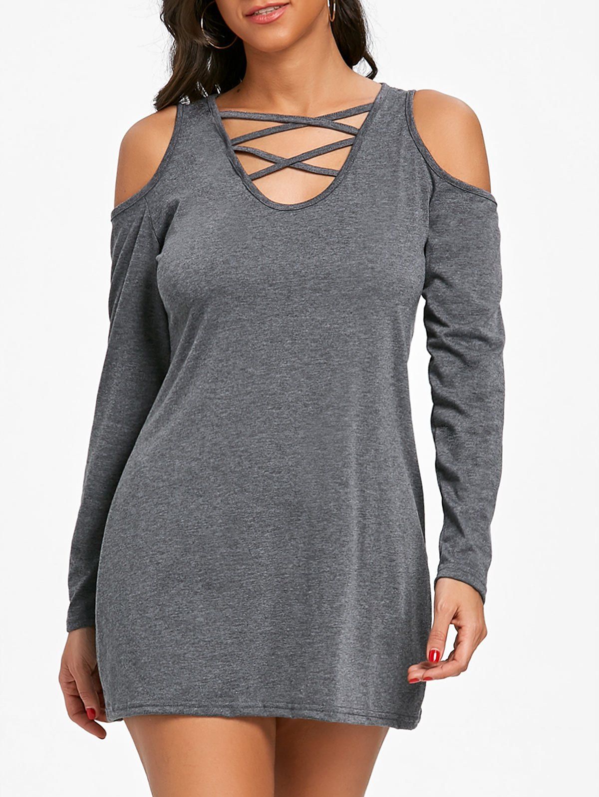 

Cold Shoulder Criss Cross Long Sleeve Top, Dark gray