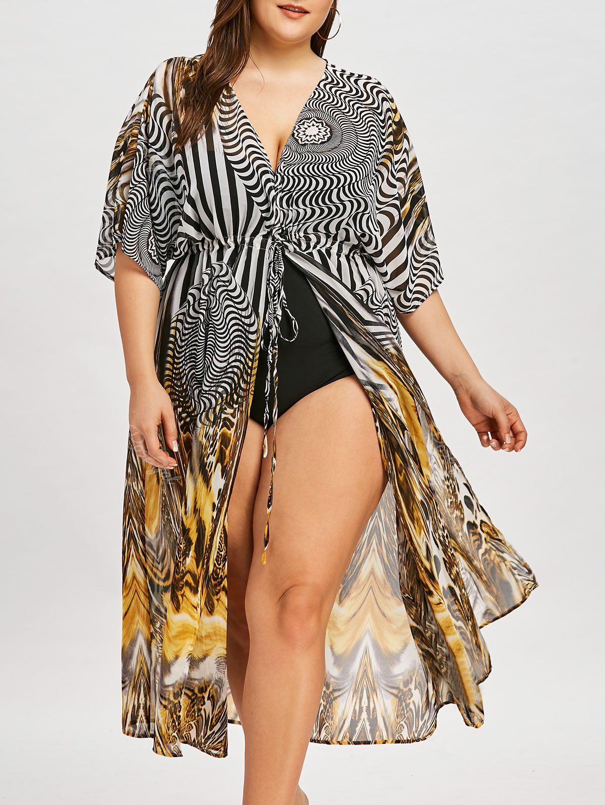 

Plus Size Graphic Self Tie Flowing Cover Up, Colormix