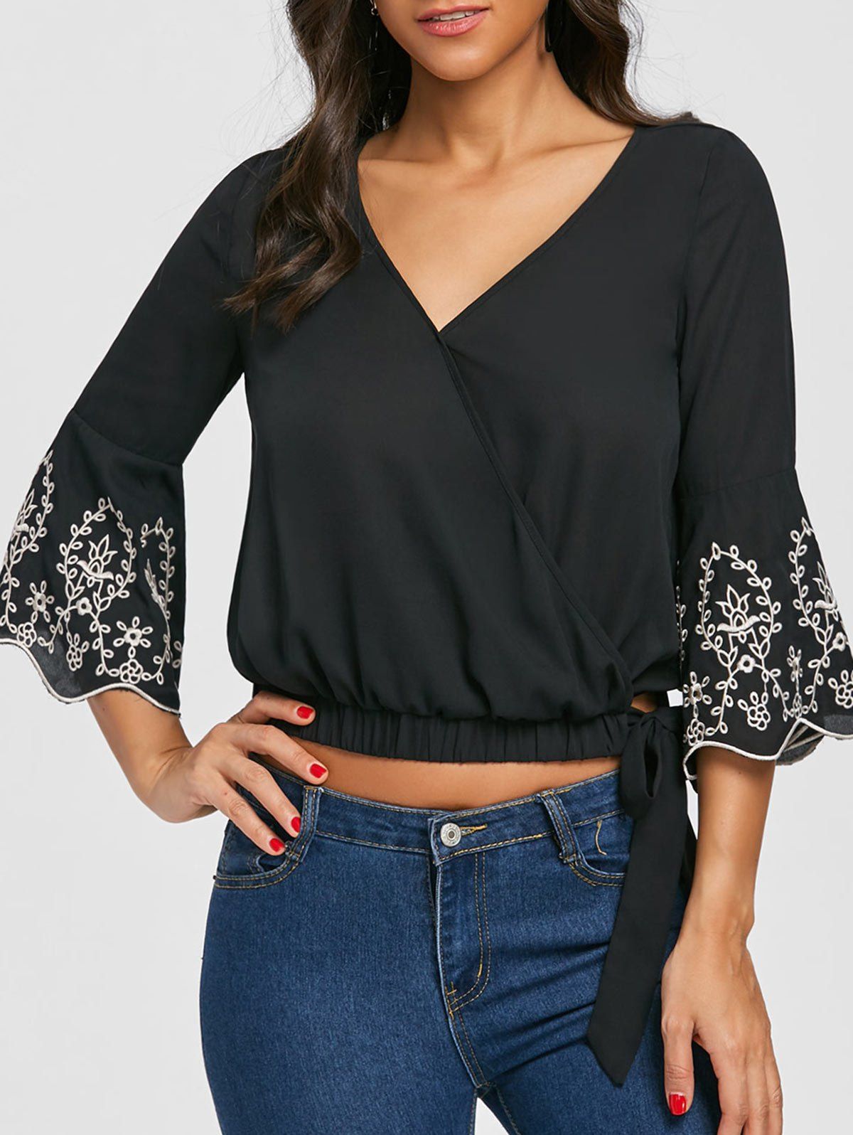 

V Neck Embroidery Flare Sleeve Blouse, Black