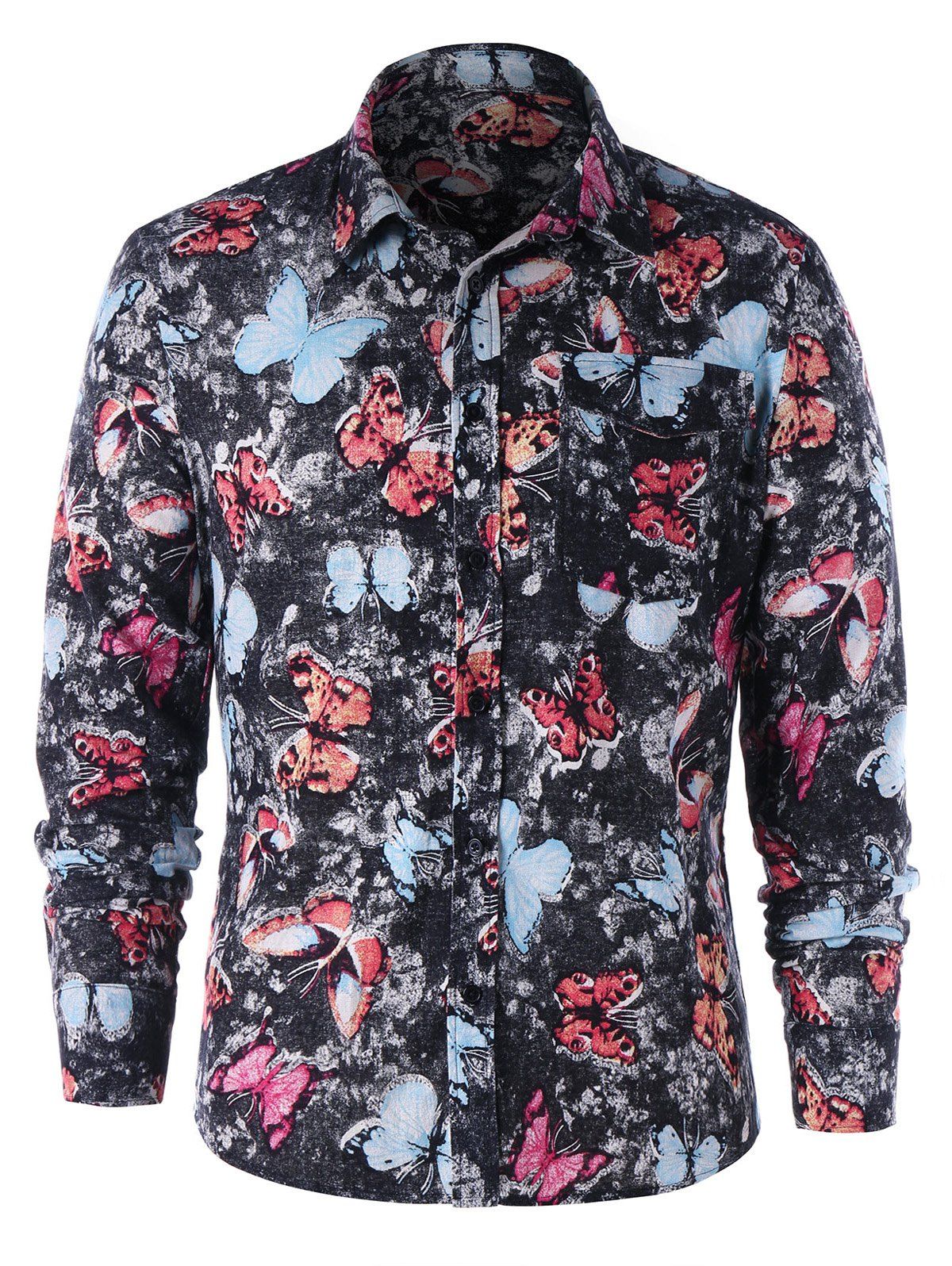 

Single Pocket Butterfly Print Shirt, Colormix