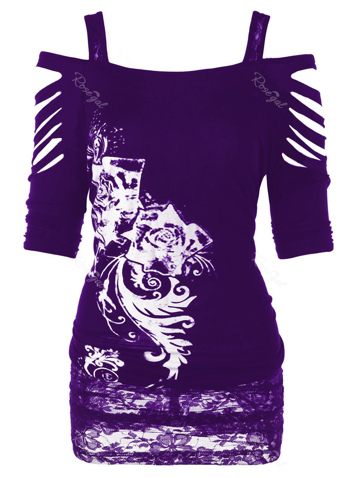 

Plus Size Cold Shoulder Shredding Tunic T-shirt, Purple