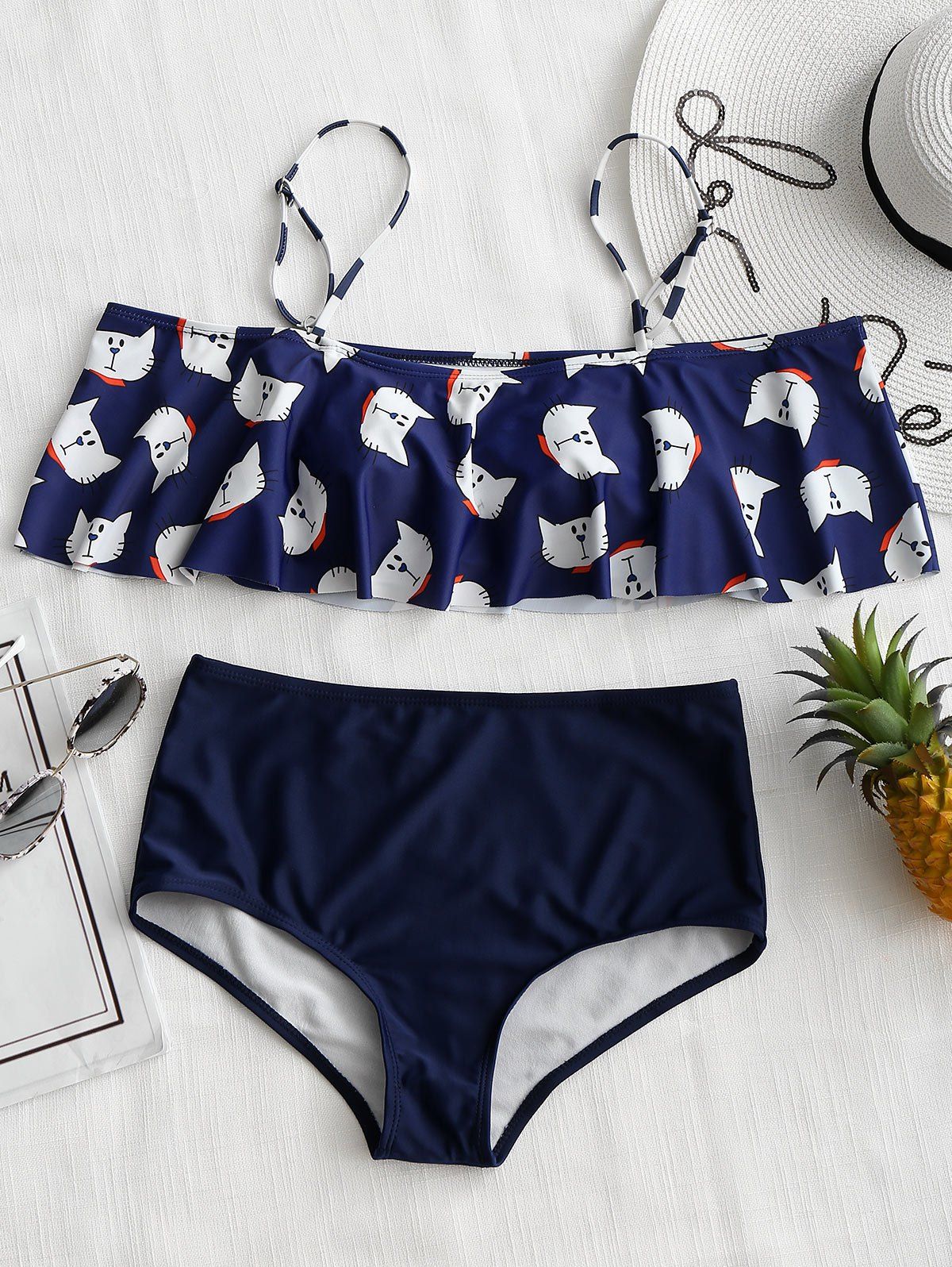 

Flounce Cat Print Cami Straps Bikini, Deep blue