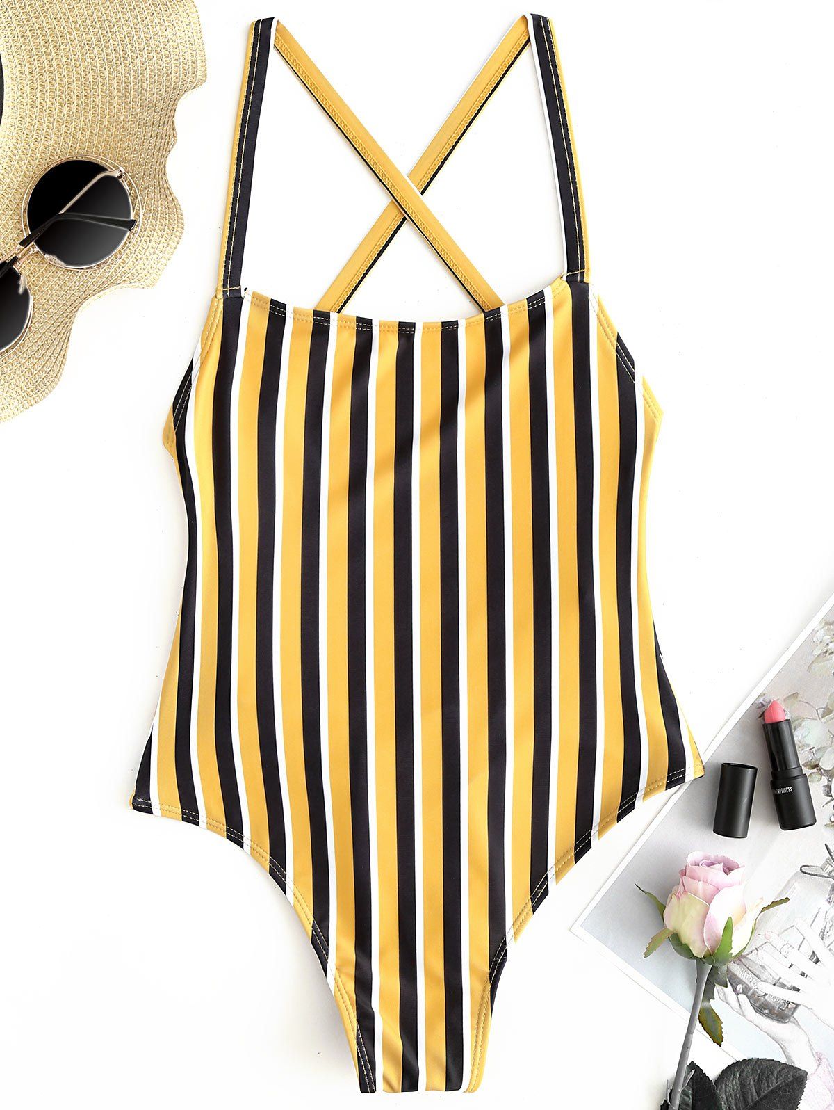 

Backless Stripe Bralette High Leg Swimsuit, Yellow