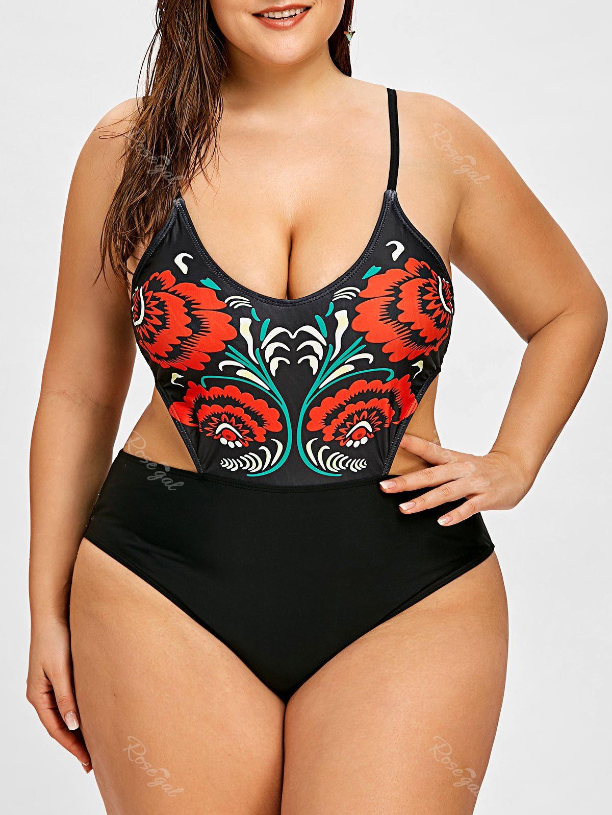 

Flower Plus Size Cutout Backless One Piece Swimwear, Black