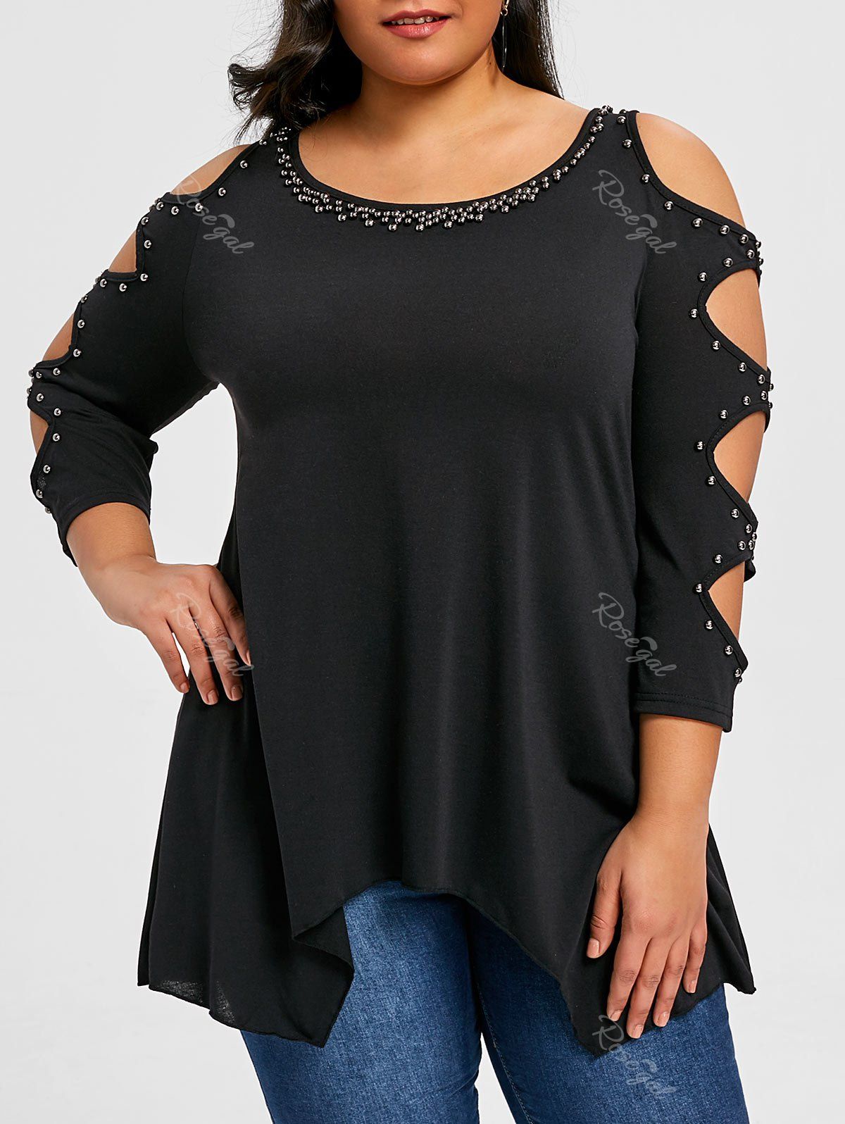 

Plus Size Beading Cut Out Sleeve T-shirt, Colormix