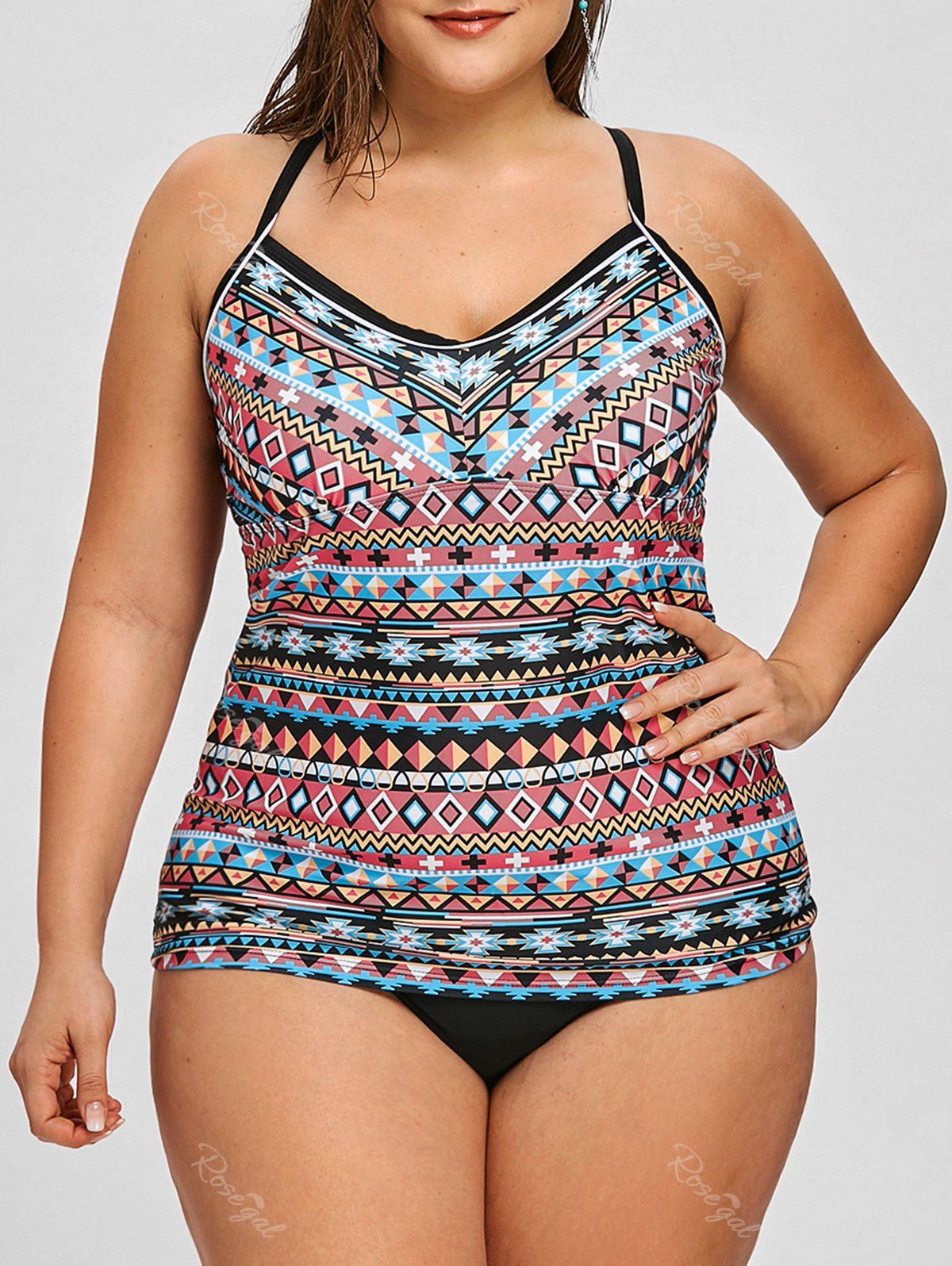 

Plus Size Ethnic Criss Cross Tankini Set, Black
