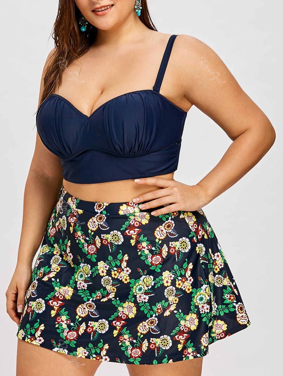 

Floral Plus Size Bustier Skirted Bikini, Cerulean