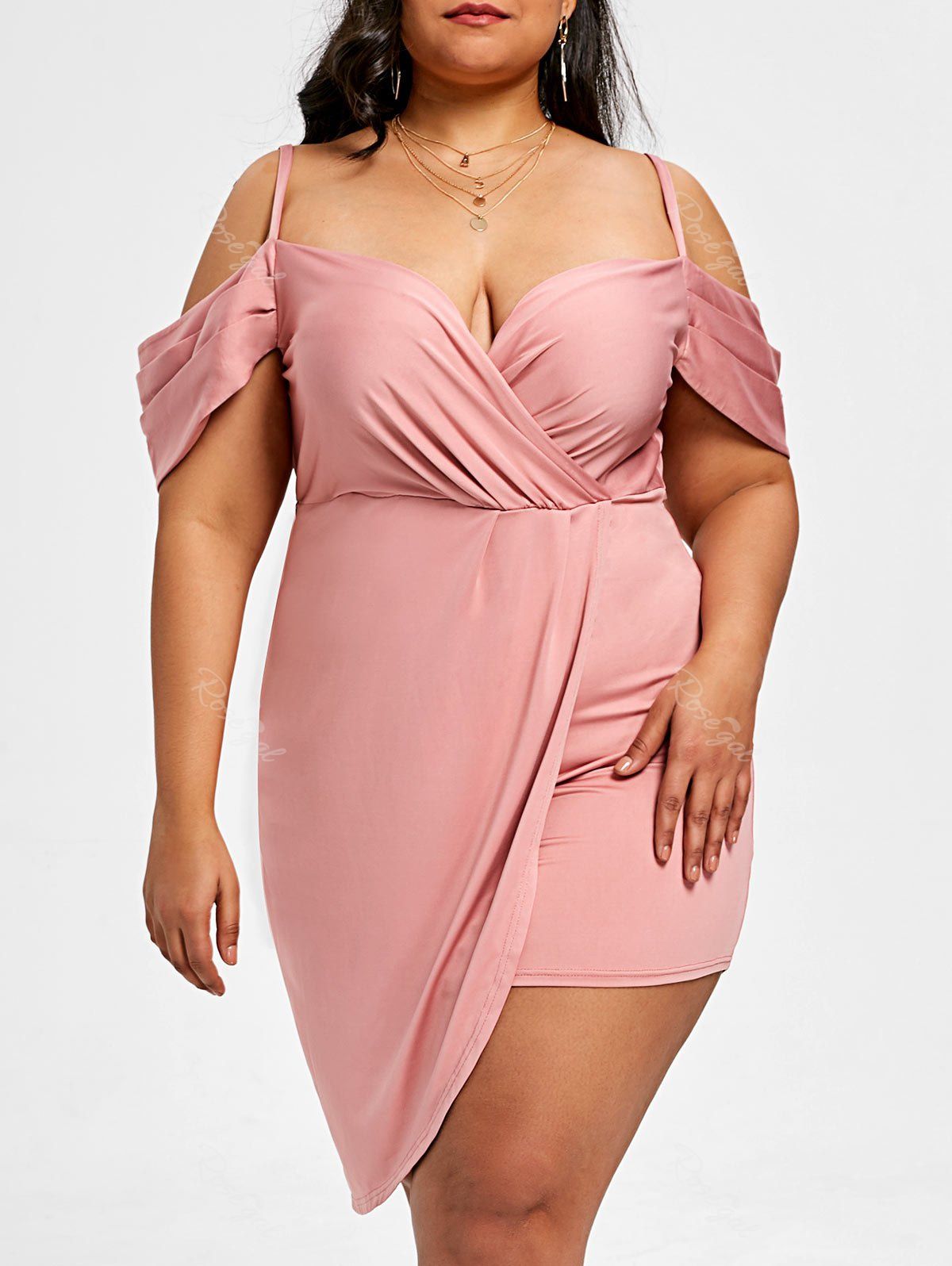 

Plus Size Dew Shoulder Mini Asymmetric Dress, Pink