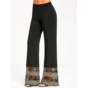 

Lace Sequins Trim Straight Pants, Black