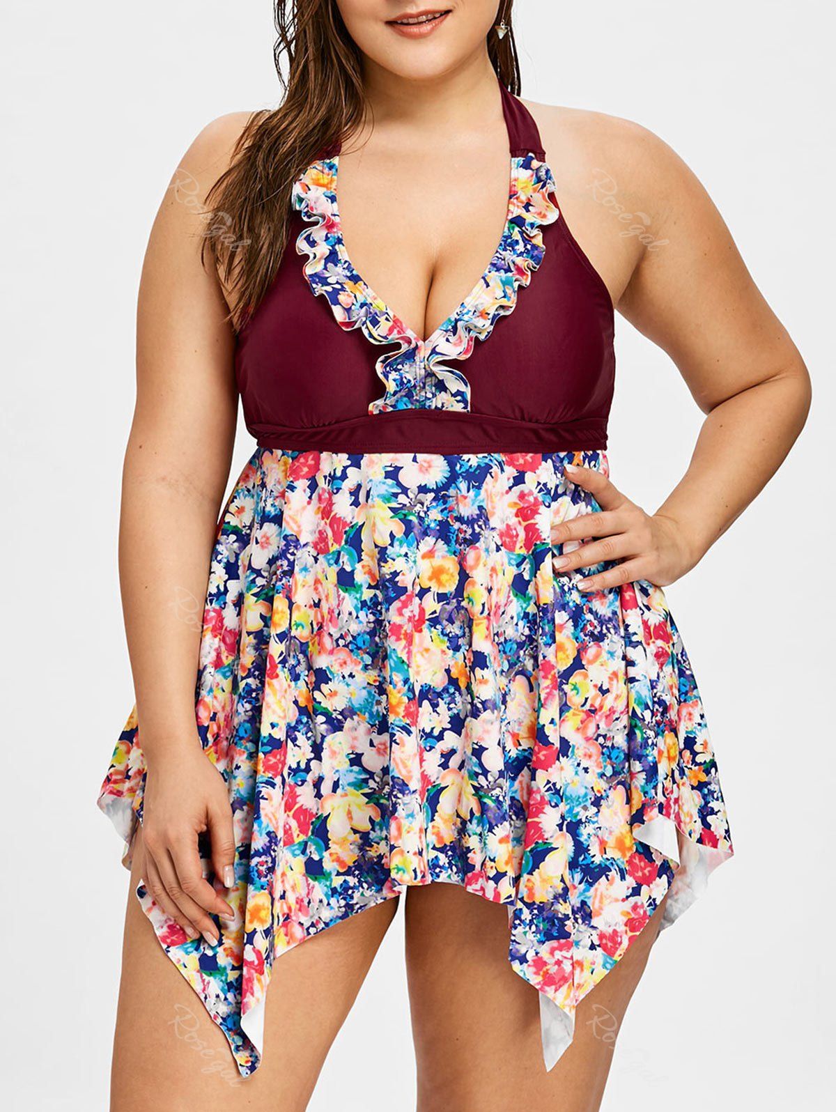 35 Off Halter Floral Plus Size Skirted Tankini Swimwear Rosegal 1746