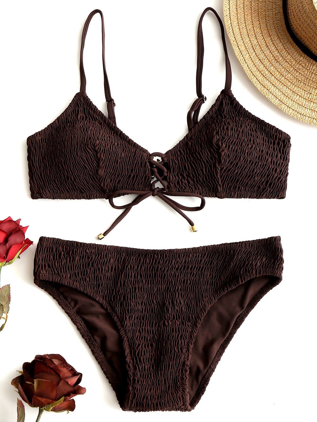 

Shirred Lace-up Bikini Set, Deep brown