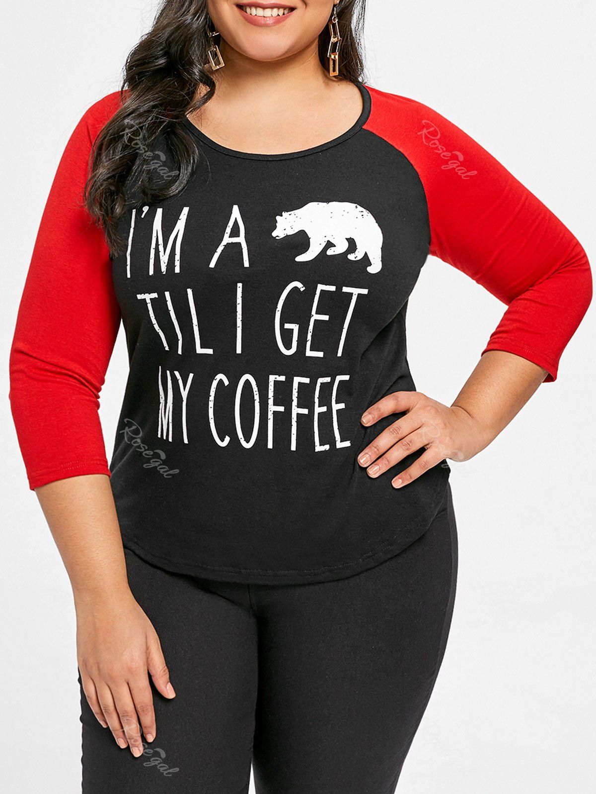 

Color Block Print Plus Size Basic Tee, Black&red