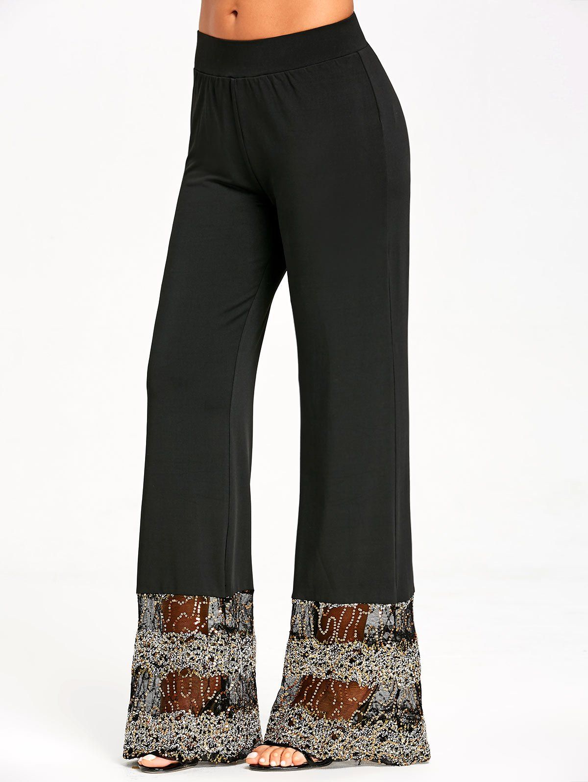 [70% OFF] Lace Sequins Trim Straight Pants | Rosegal