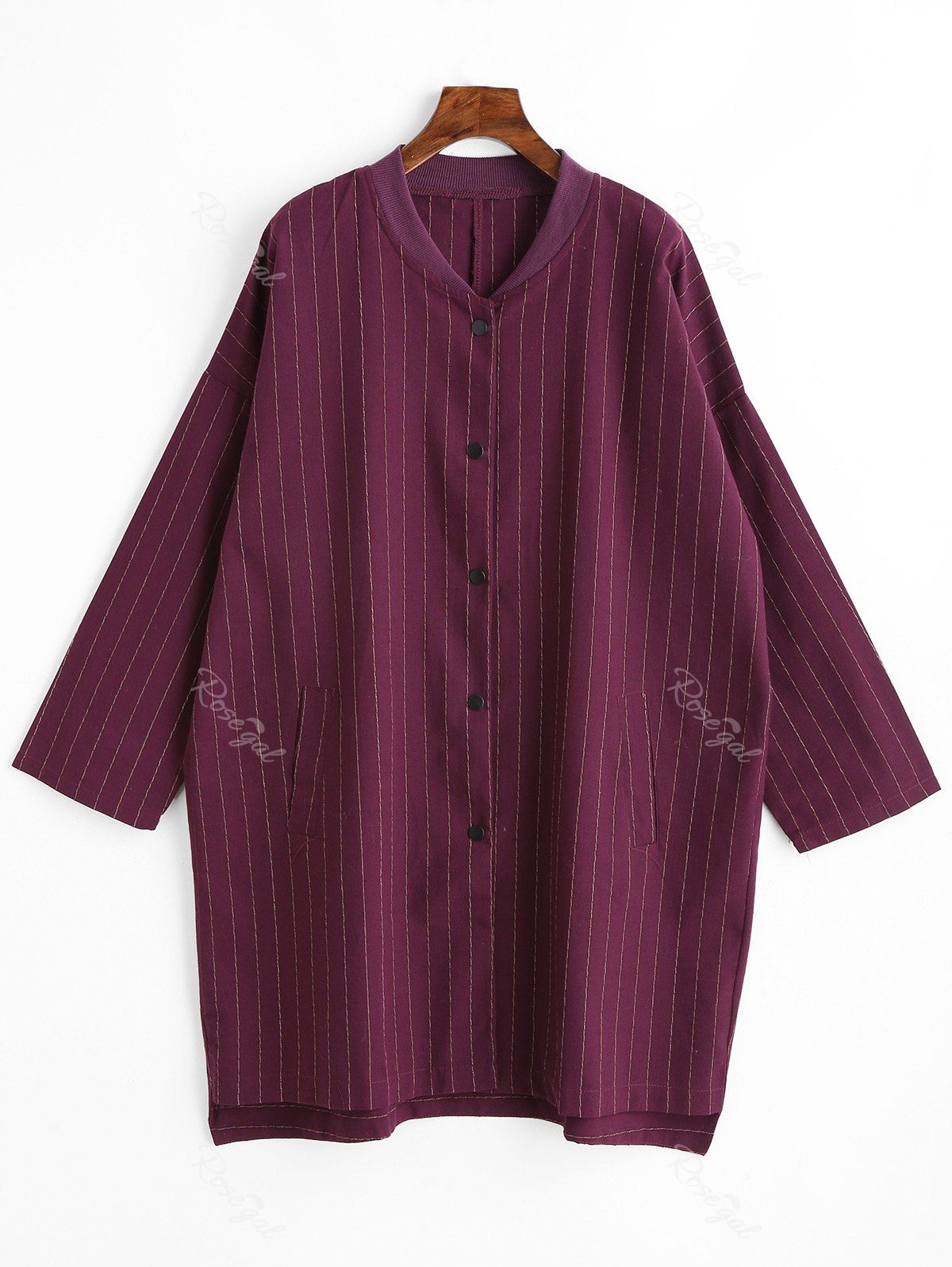 

Plus Size Striped Button Up Coat, Purplish red