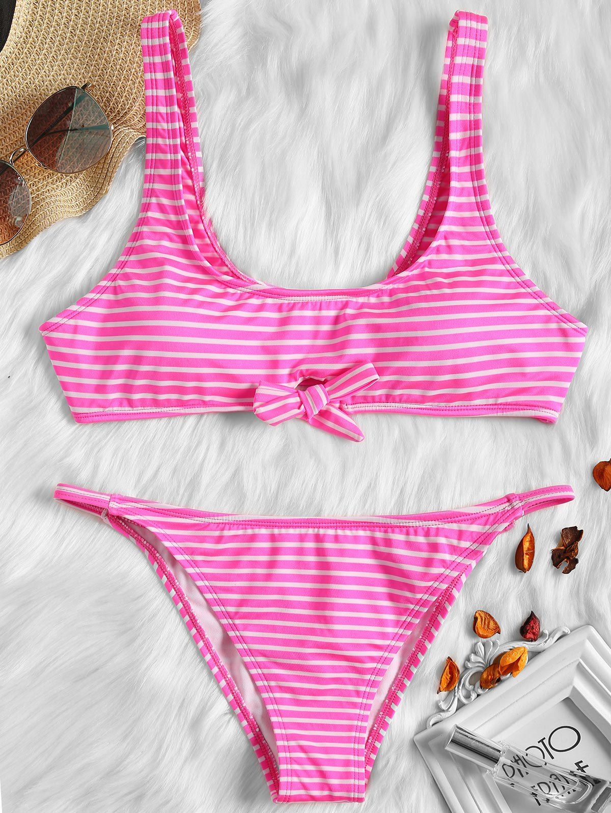 

Striped Bralette Bikini Set, Rose red