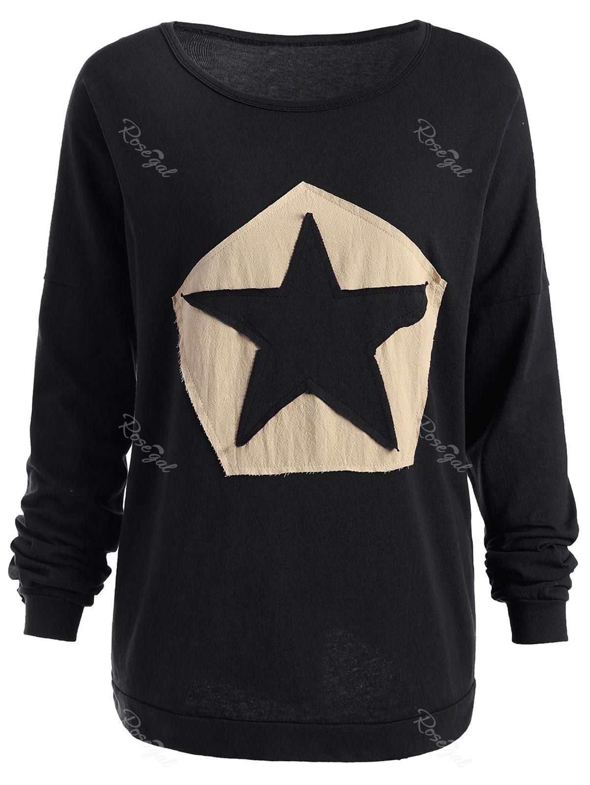 

Plus Size Star Patchwork Long Sleeve T-shirt, Black