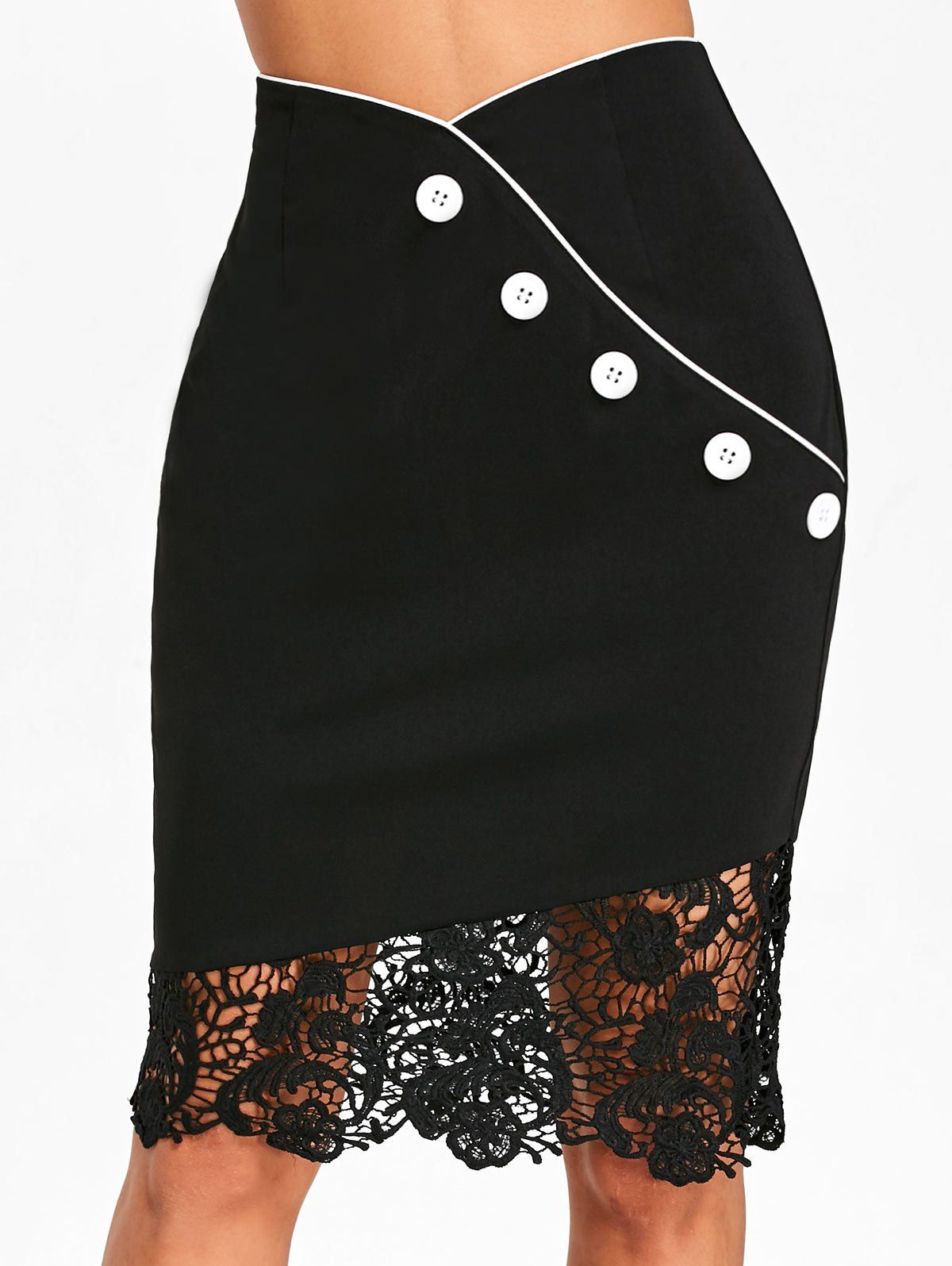 

Lace Trim High Waist Sheath Skirt, Black