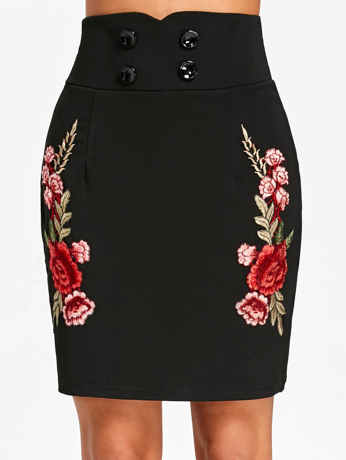 

Flower Applique High Waist Skirt, Black